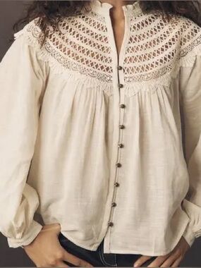 Anthropologie Cream Lace Yoke Button-Front Blouse